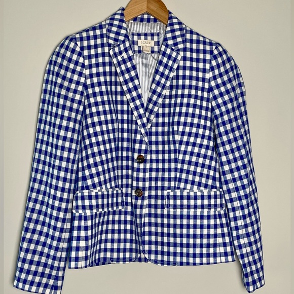 J. Crew | Blue Gingham Linen Blend Blazer Preppy Academia Spring Office - Picture 1 of 5